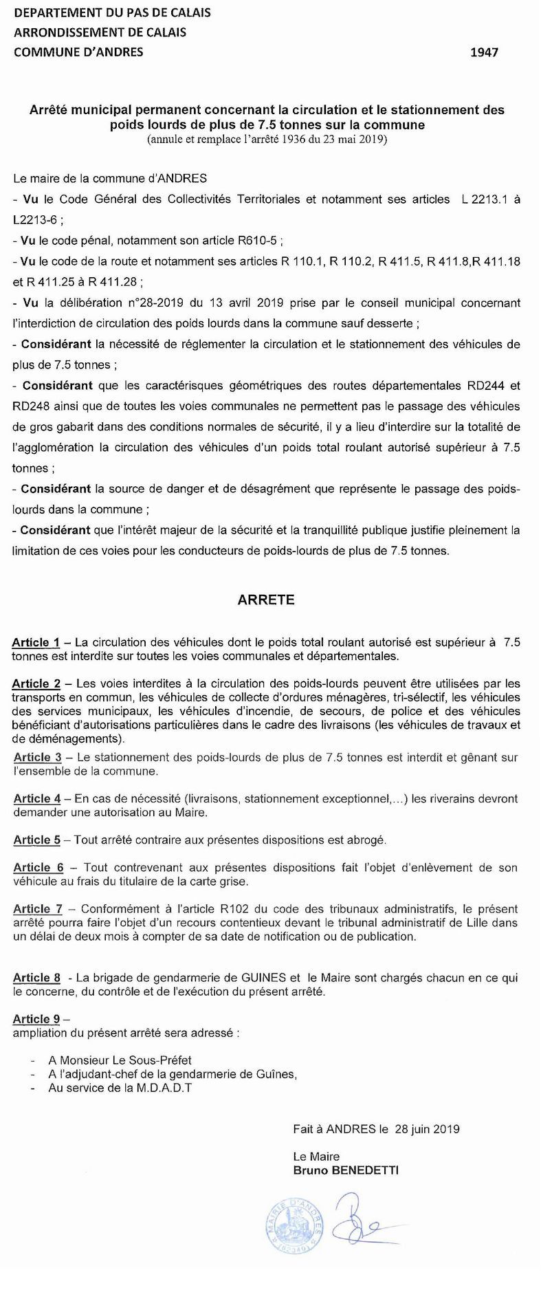 20190628 arrêté municipal 1947 Limitation tonnage