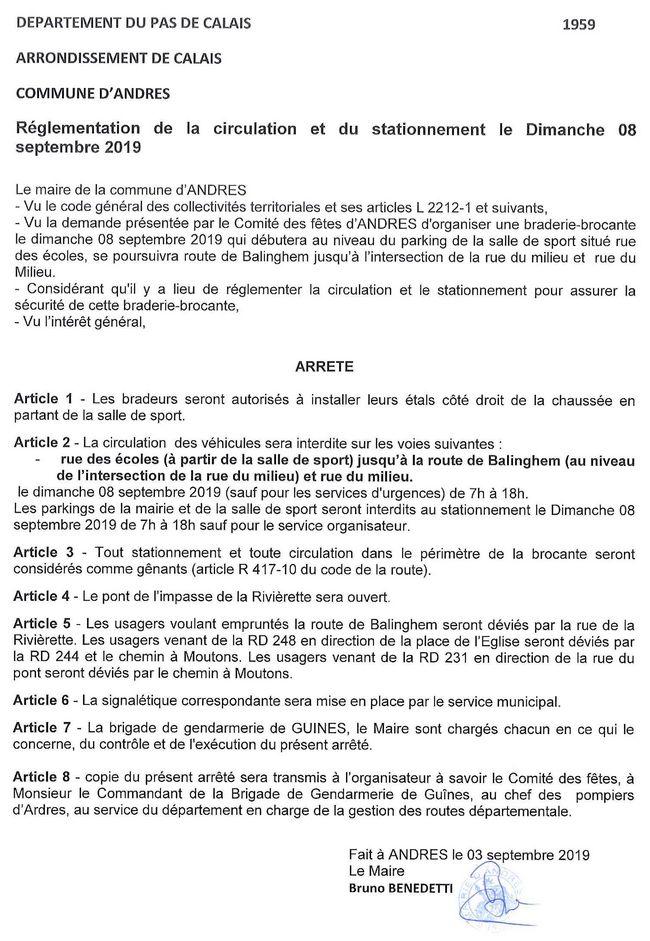 Arrêté 1959 Réglementation de la circulation et du stationnement le Dimanche 8 septembre 2019 1 of 1